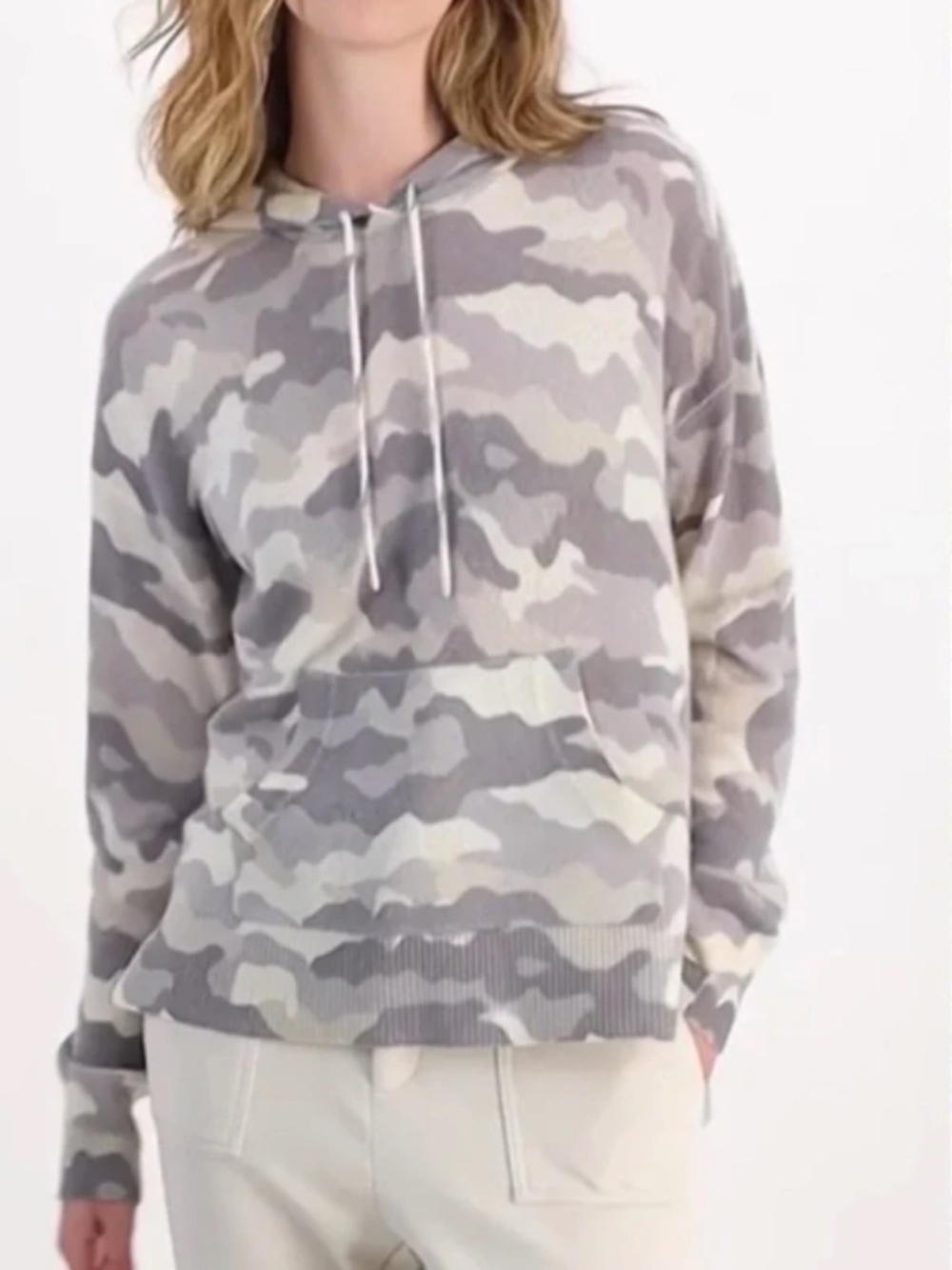 Charter Club Gray Cream Camo 100% Cashmere Hoodie Sweater Large